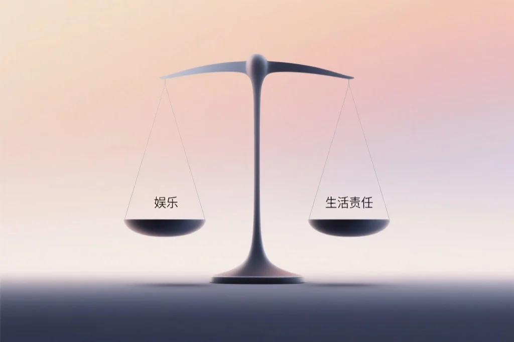 一个抽象的平衡概念图，天平两端分别代表“娱乐”和“生活责任”，保持在一个完美的平衡状态，背景是柔和的渐变色，象征和谐与自控